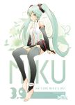  1girl 39 anklet arm_support barefoot bridal_gauntlets character_name feet green_eyes green_hair hatsune_miku jewelry long_hair miku_append necktie sitting solo thigh-highs twintails usco very_long_hair vocaloid vocaloid_append 
