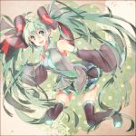  1girl boots bow detached_sleeves green_eyes green_hair hair_bow hatsune_miku headset kirushi_(killcy) long_hair necktie open_mouth skirt sleeves_past_wrists solo thigh-highs thigh_boots twintails very_long_hair vocaloid 