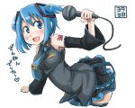  1girl bent_over black_legwear blue_eyes blue_hair blush breasts detached_sleeves es_(eisis) hair_ornament hatsune_miku hatsune_miku_(cosplay) long_sleeves looking_at_viewer mahou_shoujo_madoka_magica microphone miki_sayaka necktie open_mouth outstretched_arms shirt short_hair simple_background skirt smile solo thigh-highs twintails vocaloid white_background wide_sleeves zettai_ryouiki 