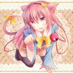  1girl all_fours animal_ears argyle argyle_background black_legwear blush bow cat_ears cat_tail hairband heart ikasumi_kuro_usagi kemonomimi_mode komeiji_satori long_sleeves looking_at_viewer open_mouth paw_pose pink_eyes pink_hair shirt skirt solo tail tail_bow thigh-highs third_eye touhou wide_sleeves 