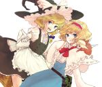  2girls alice_margatroid blonde_hair blue_eyes book braid doll gloves grimoire hairband hat kirisame_marisa long_sleeves multiple_girls open_mouth outstretched_arm pointing short_hair side_braid simple_background smile sugi touhou white_background white_gloves 