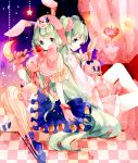  2girls bunny_hood checkered checkered_floor choko_(alice_vessaliuss) corset food fork fruit gloves green_eyes green_hair hatsune_miku highres long_hair lots_of_laugh_(vocaloid) multiple_girls rabbit scrunchie sitting skirt star strawberry stuffed_animal stuffed_toy thigh-highs title_drop vertical-striped_legwear vertical_stripes very_long_hair vocaloid 