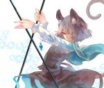  1girl animal_ears capelet dowsing_rod gem grey_hair jewelry kotaro-nosuke long_sleeves mouse_ears mouse_tail nazrin necklace pendant red_eyes shirt skirt skirt_set smirk solo tail touhou vest 