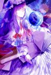  1girl azalea_(artist) book closed_eyes globe hair_ribbon hat highres long_hair open_book patchouli_knowledge purple_hair ribbon solo touhou 