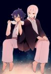  2boys adult afuro_terumi ai5108 barefoot blue_eyes blue_hair inazuma_eleven_(series) inazuma_eleven_go kishibe_taiga long_hair male multicolored_hair multiple_boys open_mouth red_eyes sitting two-tone_hair 