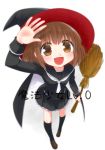  1girl broom brown_eyes brown_hair cape hat ko_ru_ri open_mouth original school_uniform skirt smile solo twintails witch witch_hat 