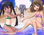  3girls :d \o/ arms_up barefoot beach bikini breasts chibi cloud day hirasawa_yui jamila k-on! kneeling lowres micro_bikini monster multiple_girls nakano_azusa navel one-piece_tan open_mouth outdoors outstretched_arms partially_submerged round_teeth running sitting small_breasts smile splashing swimsuit t2 tainaka_ritsu tan tanline teeth toes ultra_series ultraman_(1st_series) underboob water 