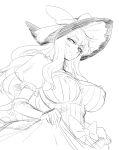  1girl bow breasts curtsey elbow_gloves from_below gloves hat hat_bow huge_breasts invincible_marisa kirisame_marisa long_hair monochrome new_super_marisa_land puffy_sleeves sketch smile solo space_jin touhou 