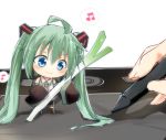  1girl ahoge blue_eyes chibi detached_sleeves green_hair hatsune_miku long_hair necktie skirt sleeves_past_wrists spring_onion tablet tosura-ayato twintails very_long_hair vocaloid 