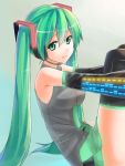  1girl detached_sleeves green_eyes green_hair hatsune_miku headset hsuliherng long_hair necktie sitting solo thigh-highs twintails very_long_hair vocaloid 