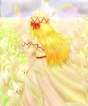 1girl blonde_hair blue_sky dress fairy_wings flower from_behind hands_clasped hat hat_ribbon lily_white long_hair macchauguisu outdoors praying ribbon sky solo touhou white_dress wind wings 