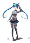  1girl blue_eyes blue_hair hair_ornament hairclip hatsune_miku long_hair necktie open_mouth pigeon-toed simple_background skirt solo thigh-highs tokumaro twintails very_long_hair vocaloid white_background 