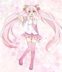  1girl afuro_(did) boots cherry detached_sleeves food fruit hatsune_miku long_hair necktie open_mouth outstretched_arm pink_eyes pink_hair sakura_miku skirt solo thigh-highs thigh_boots twintails very_long_hair vocaloid 