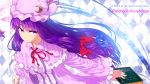  1girl argyle argyle_background book character_name crescent dress frown hair_ribbon hat patchouli_knowledge purple_hair ribbon solo star tahoo touhou violet_eyes 