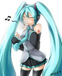  1girl 39 2013 aqua_hair closed_eyes dated detached_sleeves hatsune_miku headset kaminagi-tei long_hair musical_note necktie simple_background skirt solo thigh-highs twintails very_long_hair vocaloid white_background 