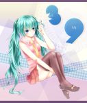  1girl 39 aqua_hair blue_eyes hair hair_twirling hatsune_miku letterboxed long_hair love_flower_emily necktie sitting skirt solo thigh-highs twintails vocaloid 