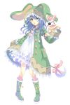  1girl animal_ears animal_hood blue_eyes blue_hair bow chanmi coat date_a_live dress eyepatch hand_puppet hood long_hair looking_at_viewer open_mouth puppet rabbit_ears ribbon solo stuffed_animal stuffed_bunny stuffed_toy tail yoshino_(date_a_live) 