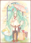  1girl closed_eyes envelope green_hair hatsune_miku long_hair mary_janes shoes skirt solo suitcase twintails umbrella very_long_hair vocaloid window 