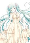  1girl 39 absurdres aqua_hair artist_name closed_eyes dress earrings hatsune_miku highres jewelry koto2 long_hair simple_background skirt_hold smile solo twintails very_long_hair vocaloid white_background 