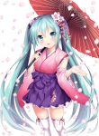  1girl aqua_eyes aqua_hair blush etou_(cherry7) flower hair_flower hair_ornament hatsune_miku highres japanese_clothes long_hair oriental_umbrella petals simple_background skirt solo thigh-highs twintails umbrella very_long_hair vocaloid white_background 