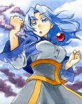  1girl blue_eyes blue_hair breasts clenched_hand hoodless jewelry kawachi_koorogi kumoi_ichirin long_hair looking_at_viewer marker marker_(medium) necklace solo touhou traditional_media 