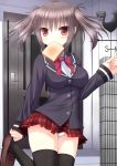  1girl black_legwear breasts cardigan door grey_hair long_hair mouth_hold nyarumi_(buluerose) panties pantyshot plaid plaid_skirt red_eyes school_uniform skirt thigh-highs toast toast_in_mouth two_side_up underwear white_panties zettai_ryouiki 