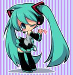  1girl boots chibi delico detached_sleeves green_eyes green_hair hatsune_miku headset long_hair necktie skirt smile solo striped striped_background thigh-highs thigh_boots twintails very_long_hair vocaloid wink 