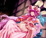  1girl book bookshelf bow chair crescent dress ears hair_bow john_marica lips long_hair looking_at_viewer mob_cap nose parted_lips patchouli_knowledge payot purple_hair reclining ribbon robe solo touhou very_long_hair violet_eyes 