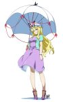  1girl alternate_costume bare_legs belt blonde_hair blush contemporary hat hat_ribbon high_heels hyouju_issei lace-trimmed_dress long_hair looking_at_viewer ribbon shoes simple_background smile solo touhou umbrella violet_eyes white_background yakumo_yukari 