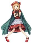  1girl alternate_costume alternate_eye_color alternate_hair_color annie_hastur bangs blonde_hair blunt_bangs blush cape crossed_arms dress erementa green_eyes hood league_of_legends mary_janes open_mouth shoes solo stuffed_animal stuffed_toy white_background 