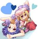  2girls ascot bat_wings blonde_hair blush breasts brooch dress eating fang flandre_scarlet hat heart ichimi jewelry leaning_on_person looking_at_viewer lying multiple_girls on_back puffy_sleeves purple_dress purple_hair red_dress red_eyes remilia_scarlet short_sleeves siblings side_ponytail sisters sitting touhou wavy_mouth wings 