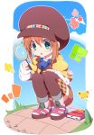  !? 1girl argyle argyle_legwear brown_hair brown_legwear butterfly cabbie_hat green_eyes hat jacket leia_roland magnifying_glass shoes short_hair shorts solo squatting surprised tales_of_(series) tales_of_xillia tales_of_xillia_2 thigh-highs usamata 