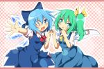  2girls aqua_eyes aqua_hair blue_dress bow cirno daiyousei do_(4-rt) dress dress_shirt fang hair_bow hair_ribbon letterboxed multiple_girls open_mouth polka_dot polka_dot_background ribbon shirt short_hair side_ponytail smile touhou wings wink 