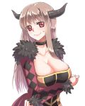  &gt;:) 1girl argyle breasts brown_hair choker cleavage emappo fur_trim horns large_breasts long_hair long_sleeves maou_(maoyuu) maoyuu_maou_yuusha nervous red_eyes solo sweatdrop white_background 