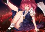  blood eyepatch greetload hair_bobbles hair_ornament legs onozuka_komachi redhead scythe smile touhou twintails 