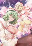  2girls boots breast_hold brown_eyes brown_hair capelet cherry_blossoms cleavage_cutout dress green_hair hat kazami_yuuka lily_white lily_white_(cosplay) long_hair multiple_girls open_mouth pantyhose red_eyes short_hair smile touhou white_dress yohane 