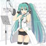  1girl 39 2013 character_name dated fingerless_gloves gloves green_eyes green_hair hands_on_headphones hatsune_miku headphones highres kimura_tatsuki long_hair looking_at_viewer microphone navel necktie open_mouth piano_print short_shorts shorts solo thigh-highs twintails very_long_hair vocaloid 