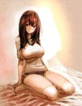  1girl bed bow_(bhp) breasts brown_hair large_breasts long_hair original seiza sitting solo thigh-highs white_legwear 