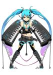  1girl belt bikini_top blue_eyes blue_hair boots crossed_arms elbow_gloves fingerless_gloves gloves gradient_hair grin hatsune_miku headphones heterchromia instrument keyboard_(instrument) knee_boots long_hair multicolored_hair musical_note navel red_eyes simple_background skirt smile solo thigh-highs tokumaro twintails very_long_hair vocaloid white_background 