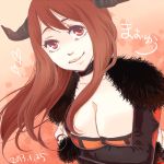  1girl azami_(distel) breasts brown_hair bust cleavage dated fur_trim heart maou_(maoyuu) maoyuu_maou_yuusha pink_background red_eyes smile solo 