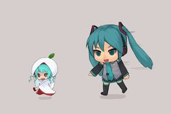  2girls aqua_eyes aqua_hair cait chasing hatsune_miku long_hair mikudayo multiple_girls necktie running simple_background skirt twintails vocaloid yuki_miku 