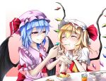  2girls bat_wings blonde_hair blue_hair bowl brooch closed_eyes cup dress drinking_glass feeding flandre_scarlet hat hat_ribbon highres jewelry mob_cap multiple_girls pink_dress pudding puffy_short_sleeves puffy_sleeves red_dress remilia_scarlet ribbon short_sleeves siblings sisters smile spoon table tatetsuki teacup touhou wings 