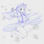  1girl aki_minoriko barefoot dress hat jumping kasuga_yukihito leaf monochrome panties sketch smile solo touhou traditional_media underwear 