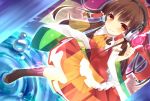  1girl bekotarou boots brown_hair colorful dutch_angle hair_tubes hakurei_reimu headphones long_hair orange_eyes solo touhou water water_drop 