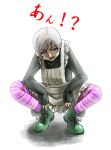  1girl apron banchou blue_eyes boots ikuyoan metal_gear_solid metal_gear_solid_4 parody short_hair shorts silver_hair squatting striped striped_legwear sunny_gurlukovich sweater 