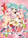  1girl 39 aqua_eyes aqua_hair belt character_name hat hatsune_miku high_heels jewelry long_hair matoki_misa microphone musical_note necklace open_mouth outstretched_arm shoes sitting skirt socks solo twintails vocaloid 