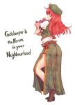  1girl ass bag bare_legs blush braid chinese_clothes colored_pencil_(medium) eating english food hat hong_meiling long_hair looking_at_viewer redhead short_sleeves side_slit simple_background solo star terajin touhou traditional_media 