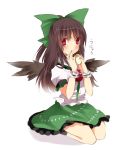  1girl blush bow brown_hair cape eating egg food fujishiro_emyu hair_bow long_hair open_mouth red_eyes reiuji_utsuho sitting skirt solo third_eye touhou unyu wings 