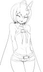  1girl antennae arms_behind_back belt cape closed_eyes lineart monochrome short_hair short_shorts shorts smile solo space_jin thigh_gap touhou wriggle_nightbug 