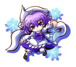  1girl apron blue_eyes breasts chibi hat kiki_fushigi letty_whiterock long_sleeves looking_at_viewer open_hand outstretched_arm pin purple_hair shadow shawl short_hair simple_background smile snowflakes solo touhou vest waist_apron white_background 